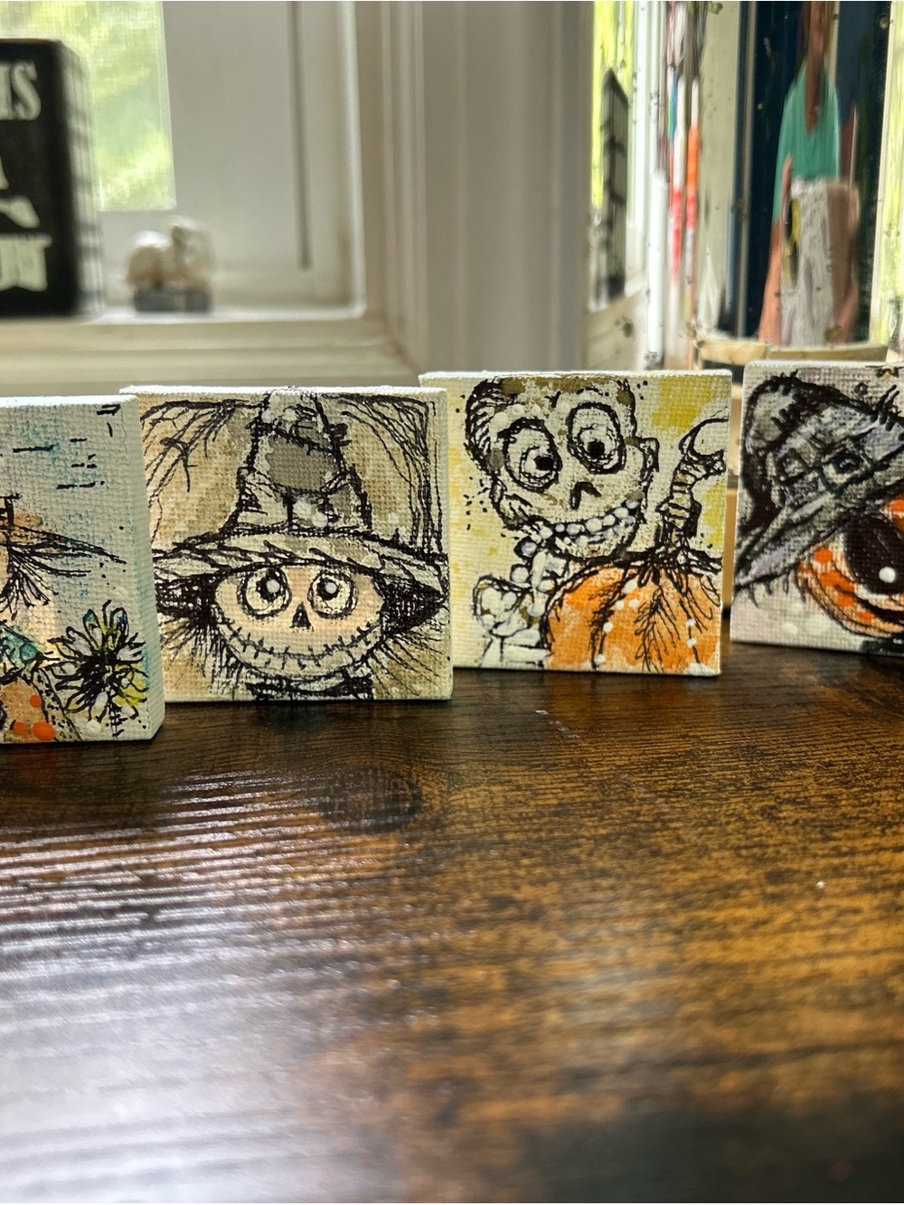 Handmade Halloween Mini Canvas Magnet Set - Orange & Brown Holiday Art